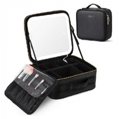 ESTUCHE DE COSMÉTICOS CON ESPEJO LED RECARGABLE NEGRO Y ROSADO