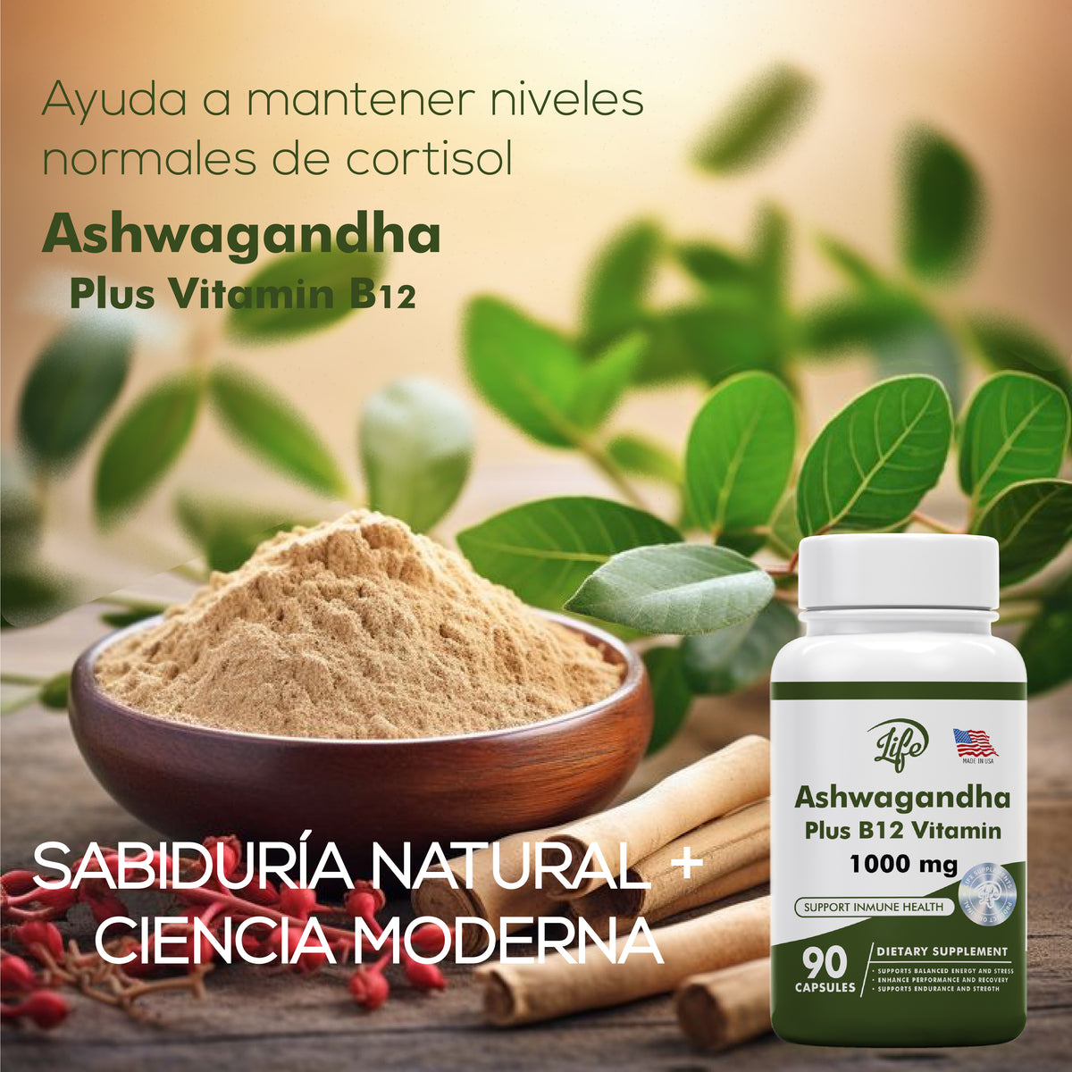 ASHAWAGANDA (BODEGA E) (GINSENG INDIO) + B12 X 90 CAPSULAS