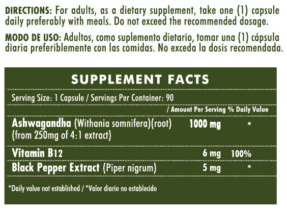 ASHAWAGANDA (BODEGA E) (GINSENG INDIO) + B12 X 90 CAPSULAS