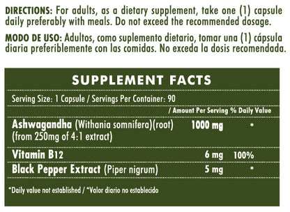 ASHAWAGANDA (BODEGA E) (GINSENG INDIO) + B12 X 90 CAPSULAS